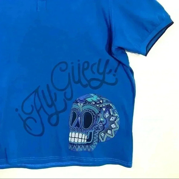 Ay Guey Blue Skull Aztec Short Sleeve Polo Shirt - Picture 6 of 13